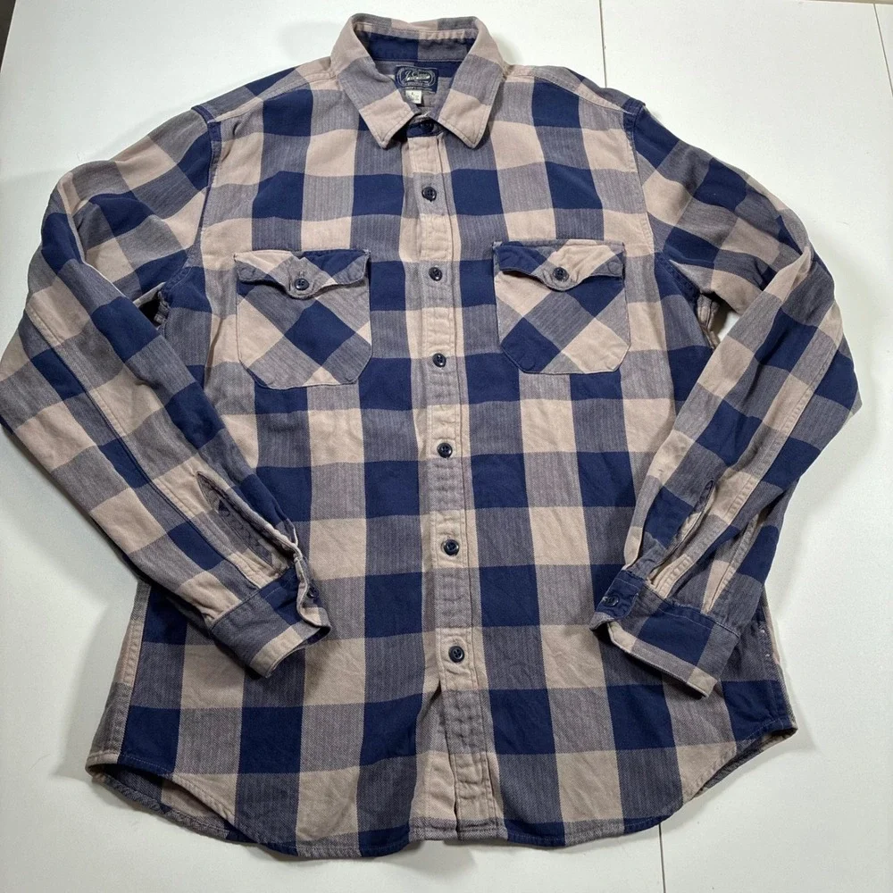 J. Crew Flannel Shirt Large Slim Navy Tan Buffalo Check Herringbone Button Up